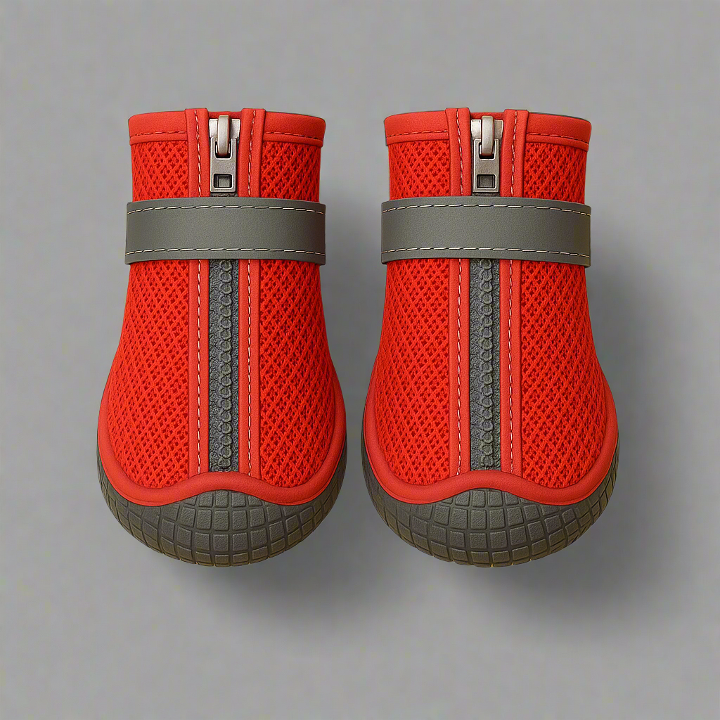 Red pet boots with gray straps on a background